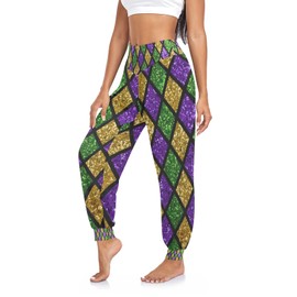Aflyko Mardi Gras Women Boho Trousers Fleur De Lis Glitter Zigzag Sweatpants Yoga Dance Harem Pants