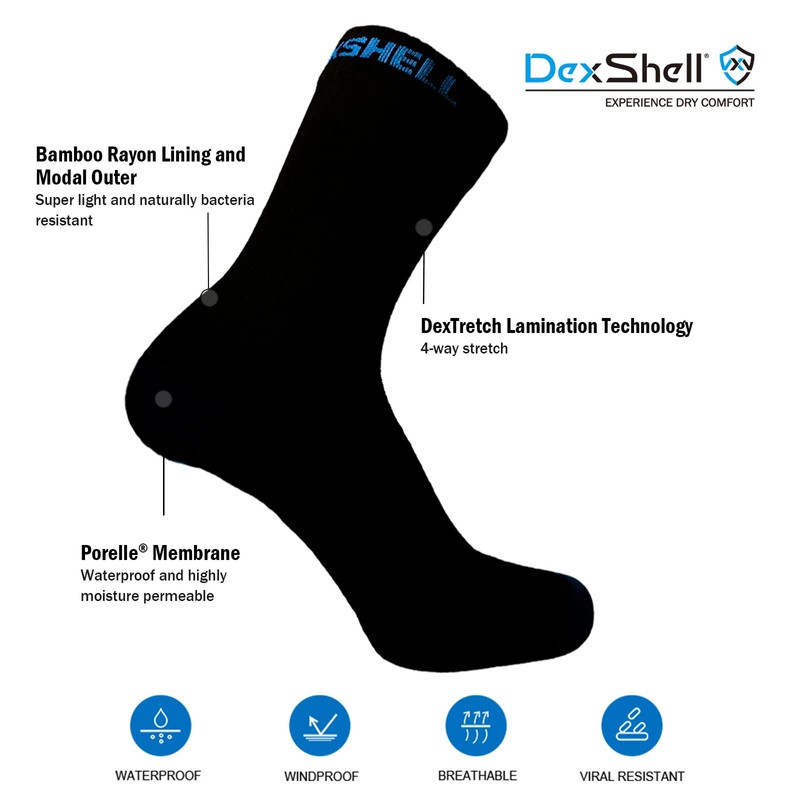 Dexshell Crew Socks DS683 BLK Ultra Thin Crew Black Large