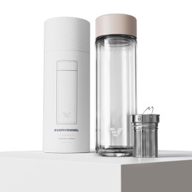 EVER VESSEL Glass Multi Tea Infuser Bottle 14oz - Double Wall Borosilicate Glass Flask | No Plastic Touches Contents | Perfect for Office or Home - Beige