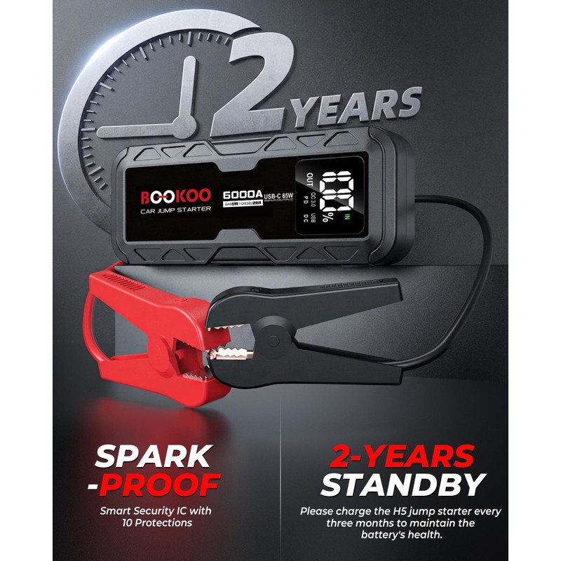 BOOKOO 6000A 12V Jump Starter for Car Boat Lawnmower