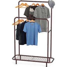 Simple Houseware Double Rod Clothing Garment Rack with Bottom Shelves, Bronze