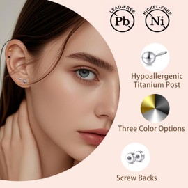 Limerencia Ball Screw Back Titanium Stud Earrings for Women,Hypoallergenic G23 Pure Titanium for Women Men Sensitive Ears, Screw Back Earring for Helix Tragus Cartilage Earlobe