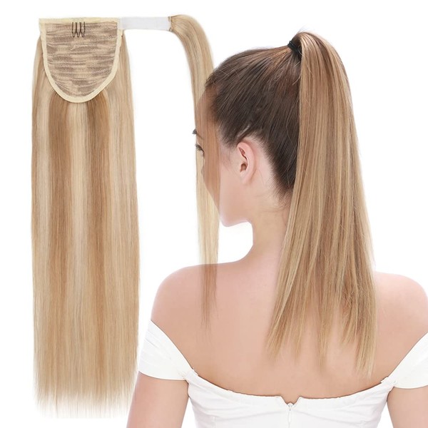 MY-LADY Ponytail Extension Human Hair 18 Inch Ash Blonde & Bleach Blonde Wrap Around Drawstring Real Remy Hair Ponytail Long Straight Pony Tail for Women Kids Clip in Hairpiece 90g