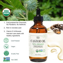 Bathrest Organic Castor Oil 100% Pure Natural Hair Oil for Hair Growth, Castor oil for Skin Lashes Nails Face Eyelash Eyebrows, Cold Pressed Hexane Free Unrefined USDA Certified 4OZ