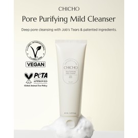 CHICHO Korean Pore Purifying Mild Cleanser with Job's Tears Seed Powder 10,000ppm, PHA, 5 Ceramides 84% - Deep Cleansing & Exfoliating Hydrating Face Wash for Sensitive Skin, 4.05 fl.oz.