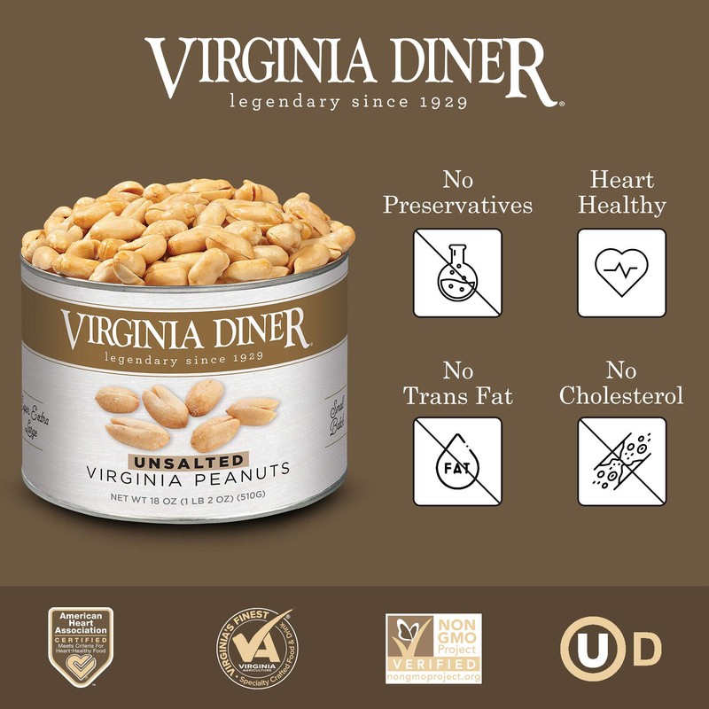 Virginia Diner Unsalted Virginia Peanuts - XL Gourmet Natural Peanuts