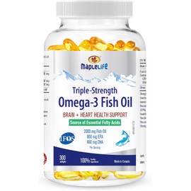 MapleLife Nutrition® - Triple-Strength - Omega-3 Fish Oil - Brain + Heart Health - Essential Fatty Acids - DHA, EPA - Fish Oil Softgel 2000 Mg - 300 softgels