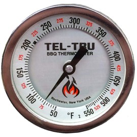 Tel-Tru BQ300R Barbecue Cooker and Smoker Thermometer, 3 inch Anti-Parallax Aluminum dial with Calibration Reset, 2.5" Stem, 50/550 Degrees F