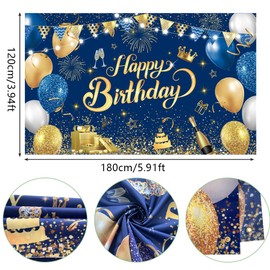 Blue Gold Happy Birthday Party Backdrops Cloth 180 x 120 cm Happy Birthday Banner Happy Birthday Decorations Backdrop Birthday Photo Backdrop Backgroud for Boys Men