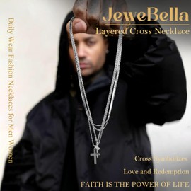 JeweBella Layered Silver Cross Necklace Men Boys Stainless Steel Cross Chain Crucifix Necklace Mens Silver Chain with Cross Pendant Men's Necklaces Jewellery 16-24 Inch