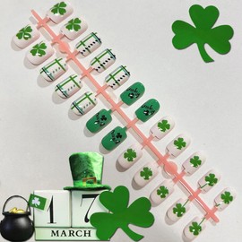 24Pcs St. Patrick's Day Press on Nails Medium Square - French Tip Fake Nails with Green Shamrock Irish Design Reusable Natural Stick on Nails Gift for Women DIY St. Patrick's Day Clover Manicure Set