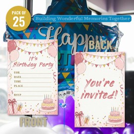 WENFLY Sweet Birthday Invitations for Girl Teens Kids, 25 Pcs 4x6 Pink Gold Party Card Kit with Balloons, Bunting, Presents & Cakes - Sweet Colorful Childlike