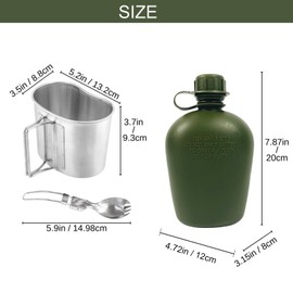 BeGrit Feldflaschenbecher Tragbar 1L Militär Überleben Trinkflasche Camping Wasserflasche mit Aluminium Draussen Feldflasche Stofftasche Grün Löffel für Sportwanderungen Camping Reisen Picknick