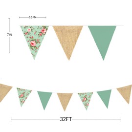 32Ft Ghirlanda di bandierine in iuta floreale verde salvia vintage iuta fiori selvatici verde banner rumoroso decorazione per festa della mamma compleanno rustico matrimonio gusto campeggio