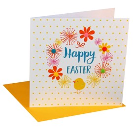 Claire Giles Greeting Cards, happy Easter Card, Dots & Flowers design Easter Greeting Card, Embellished with colourful Pompoms