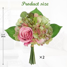 Hollyone 2 Bundles Artificial Hydrangea Bouquet Green with Fake Roses Flowers Spring Summer Silk Flowers Mixed Bush for Cemetery Grave Party Wedding Floral Arrangements Office Home Decor
