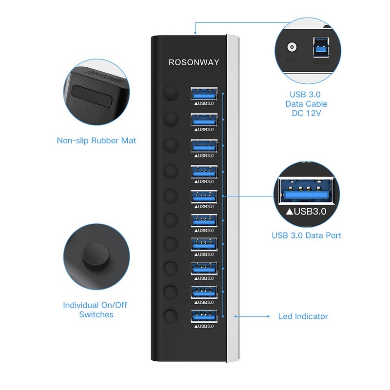 Rosonway - Hub USB de 10 puertos USB 3.0 de