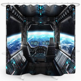 ZXMBF Spaceship Interior Shower Curtain Planet Earth Galaxy Futuristic Science Spacecraft Cabin for Kids Boy Black Home Bathroom Decor Waterproof Fabric 72Lx72W Inch with 12PCS Hooks