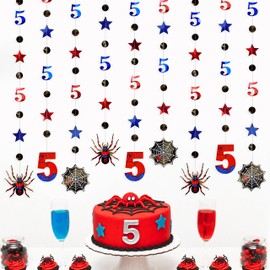 42Ft Spider 5th Birthday Party Decorations Red Blue Stars and Black Spider Web Garland Streamer for Kids Boys 5th Cartoon Spiders Birthday Super Heros Baby Shower Cartoon Bday Party Decor Supplies