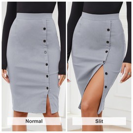 Byinns Women's 2025 High Waist Pencil Skirt Button Slit Work Skirts Plaid Business Bodycon Midi Skirt Knee Length Grey