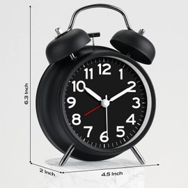 AKCISOT Loud Alarm Clock for Heavy Deep Sleepers, 4.5 Inches Analog Metal Twin Bell Clocks Battery Operated with Backlight for Bedroom Bseide, Old Fashioned for Desk Home Decoration (Black)