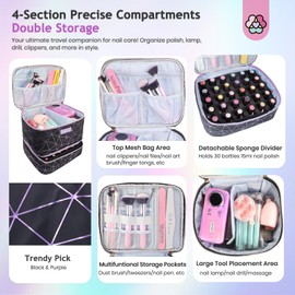 SAVILAND Nail Polish Organizer Bag: PU Leather Nail Kit Organizer Holds 30 Bottles & Nail Lamp, Black Nail Supply Organizer Nail Polish Carrying Case Gel Nail Organizers and Storage Box for Nail Tech
