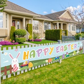 Koliphy Happy Easter Banner for Easter Decorations, Long Easter Banner Easter Egg Bunny Decor for Indoor Outdoor Photo Booth Party Supplies, 118 x 19.7inch