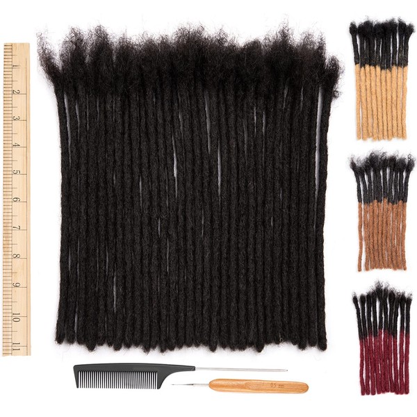 DAIXI 10 Inch 60 Strands 100% Real Human Hair Dreadlock Extensions for Man/Women Full Head Handmade 0.8cm Thickness Crochet Braids Dreadlocks Bulk with Needle and Comb Natural Black Locks