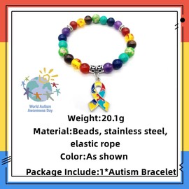 GAUEIOUR Autism Bracelet,Natural Stone Colorful Bracelet, Autism Caring Children's Love Ribbon Pendant Bracelet,Autism Awareness Bracelet Cross Ribbon Bracelet