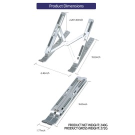 OWL K Laptop Stand for Desk, Computer Stand Adjustable Height Ergonomic Portable Aluminum Laptop Riser, Foldable Multiple 7 Angles Anti-Slip Laptop Holder Compatible with 9-15.6 inch Laptops (Silver)