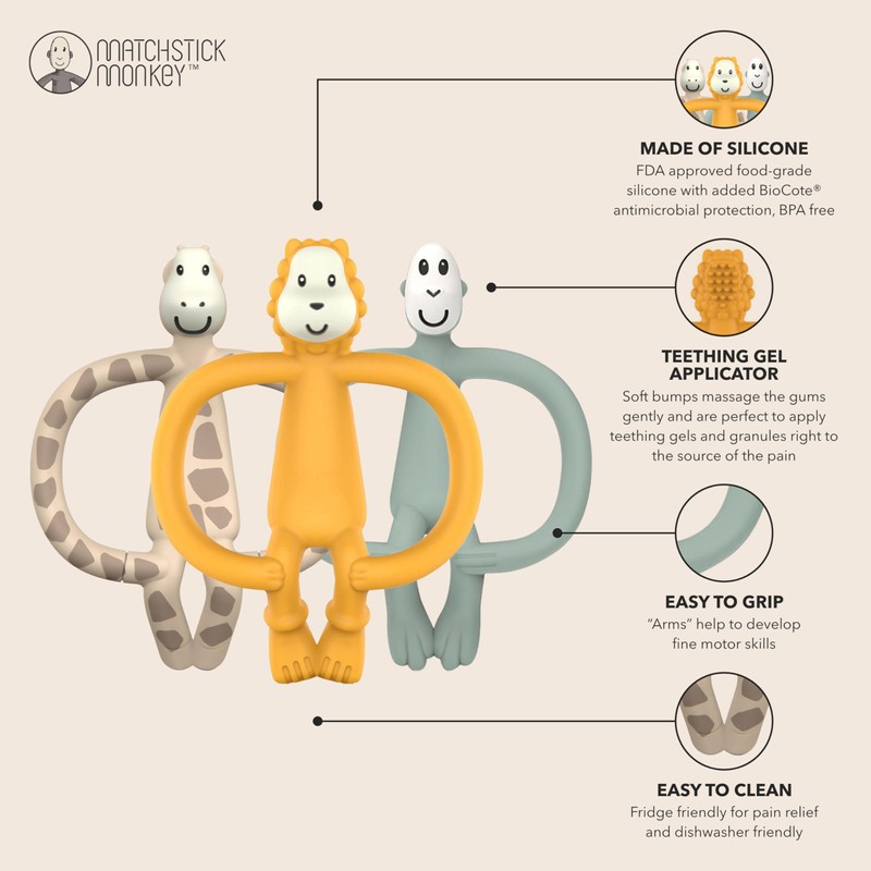 Matchstick Monkey, Antimicrobial Animal Teether Gift Set - 3 Pack,