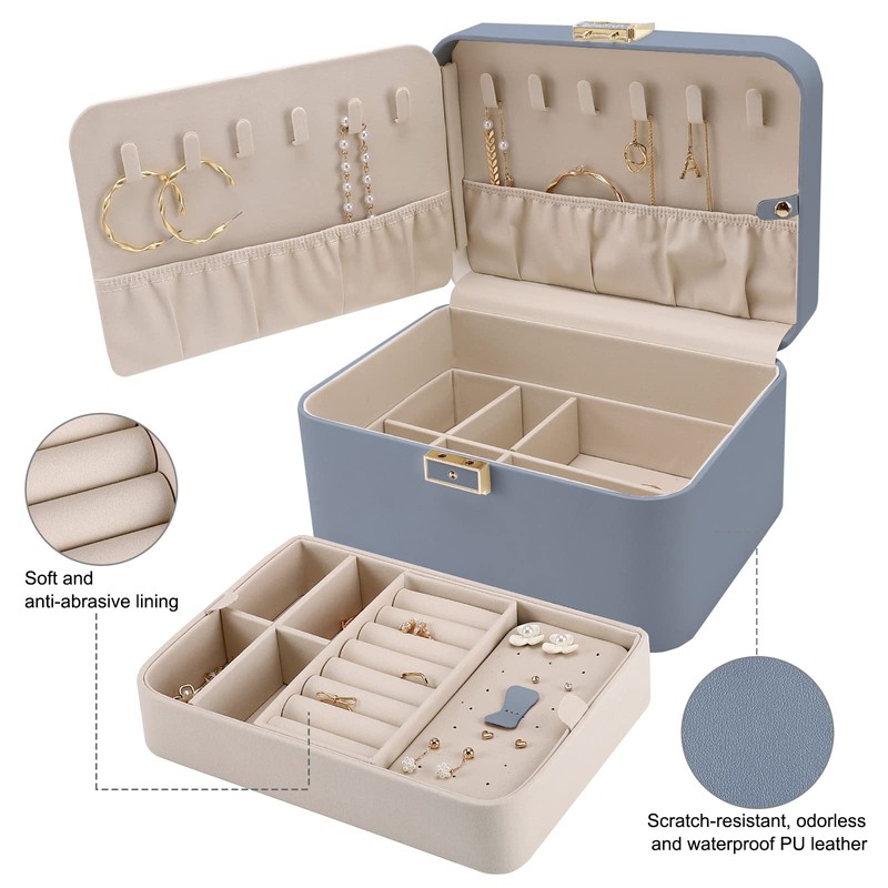 KAMIER Jewelry Organizer Box, 2 Layers PU Leather, Large Capacity,