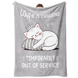 GoMelley Funny Wife Birthday Gifts - Wife Is Charging Super Soft Grey Flannel Blanket, Anniversary, Valentines Day, Christmas Romantic Gifts for Her, 60”× 50”（Grey）