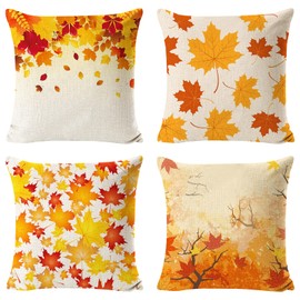 Pack of 4 Cushion Covers, Autumn Cushion Covers, 45 x 45 cm, Decorative Cushion Cover, Thanksgiving, Autumn Decorative Cushion Cover, Maple Leaf Linen Cushion Cover for Sofa, Bed, Home Decor (A)