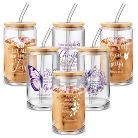 Mifoci 6 Pcs Christian Cups for Women Butterfly Christian Gifts 16oz Inspirational Glass Coffee Cup with Bamboo Lid and Straw Religious Jesus Cup Aesthetic Catholic Gifts for Mother Ladies Birthday
