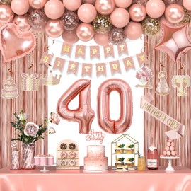 40th Birthday Decorations for Women Girls, Happy 40 Birthday Decorations for Her, Rose Gold Birthday Party Supplies with Banner, Number Balloons, Fringe Curtains, Hanging Swirls, Foil Balloons