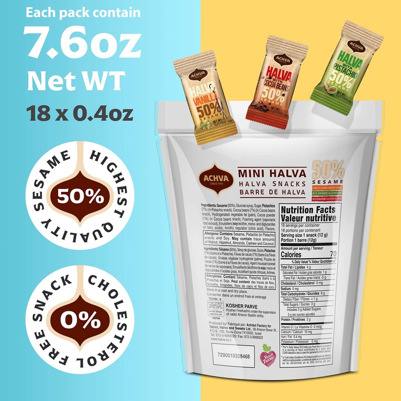 Achva Kosher Vanilla, Cocoa Beans, and Pistachio Mini Halva Bars