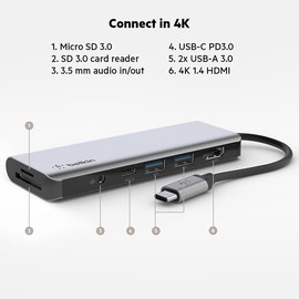Belkin 7'si 1 Arada Çok Bağlantı Noktalı USB C Hub (4K HDMI, USB-C, 2 x USB A, 3,5 mm Ses, SD 3.0 Yuvası için micro-SD 3.0 ile)), AVC009BTSGY