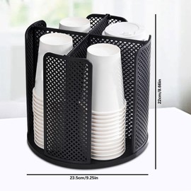 Paper Cup Holder Organizer 360 Rotatable Coffee Cup Dispenser with 4 Compartments, Cups & Lids Holder Condiment & Cups Dispenser Organizer Rack for Countertop Bathroom Kitchen Coffee Shop (Black)