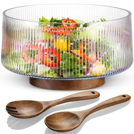 NiHome Extra Large Glass Salad Bowl with Natural Acacia Wood Base & Wooden Serving Utensils for Family Dinners, Parties, Gatherings, Multipurpose Oversized Glass Bowl for Salads, Pasta, Fruits, Snacks
