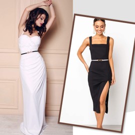 Skinny Belt for Women Leather Waist Thin Belts for Dresses 2 Pack, Waist Size Below 37 Inches, B-Black+White