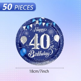 Fitoyplak 50Pcs 40th Birthday Decorations for Men,7Inch Dessert Plates,Happy 40 Year Old Party Tableware Set Blue and Silver PaperPlates丨Mens 40th Birthday Decorations Supplies,Serves 50