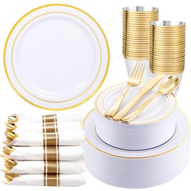 WDF Partyware 350Piece Gold Plastic Dinnerware Set for 50 Guests - Gold Plastic Plates with Disposable Cutlery Include:50Dinner Plates-50Dessert Plates-50Pre Rolled Napkins with Gold Silverware