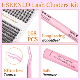 Lash Clusters Kit 168pcs DIY Lash Extension Kit Individual Eyelash Extension Kit,60D+80D 9-15mm with Cluster Lashes Bond and Seal Lash Tweezers