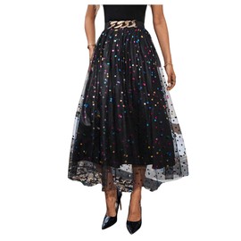 GORGLITTER Women's Polka Dots A Line Midi Tulle Skirt High Waisted Mesh Elegant Prom Party Skirts Black Large