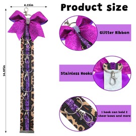 Purple Cheer Bow Keychain Holder for Backpack – Leopard Print Glitter Bow Hanging Chain with Hooks – Cheer Bow Organizer Strap Cheer Gifts Bow Holder Teen s Cheerleading Team Sports Gift