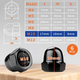 SWTYExt Acorn Nuts M10 Stainless Steel Pack of 6 Acorn Nuts DIN 1587 High Shape High Quality A2 V2A Cap Nuts Black Screw Caps Hex Cap Nuts for Screws Nut Threaded Rod Threaded Bolts