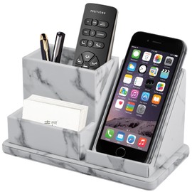 XNONE Multifunctional Pen Pencil Holder Canvas Leather Phone Holder Business Card Holder Sticky Notes Desk Organizer for Office Supplies Desk Caddy Marble White