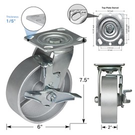 HANDSAMMU 6X2 Heavy Duty Caster Steel Cast Iron Wheel - Industrial Caster Wheels, Set of 4 with up to 5000 LB Capacity - Widely use for, Tool Box and Workbench (4 Brake)