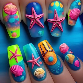 Summer Press on Nails Square Fake Nails Sea with Starfish Design Long False Nails Artificial Acrylic Nails Full Cover Glue on Nails Glossy Stick on Nails for Women Holiday Manicure 24PCS